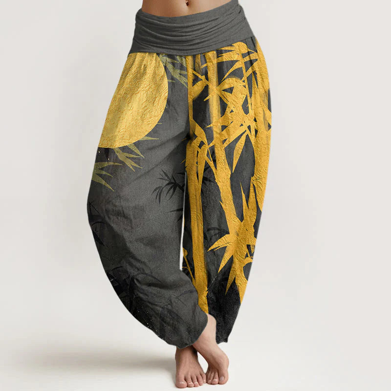 Buddha Stones Cotton Bamboo Leaves Full Moon Pattern Women's Elastic Waist Harem Pants