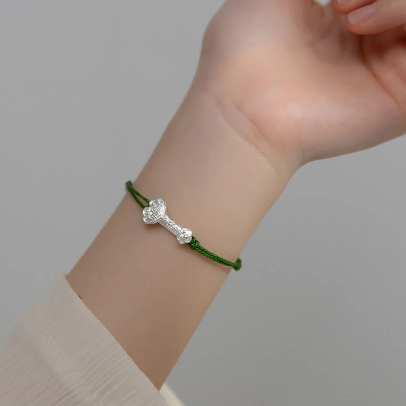 Buddha Stones Handmade 999 Sterling Silver Fu Character Wish Ruyi Handle Luck Braided Green Rope Bracelet