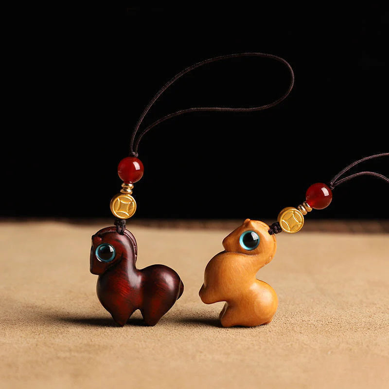 Buddha Stones Year of the Horse Small Leaf Red Sandalwood Calm Key Chain Phone Hanging Decoration