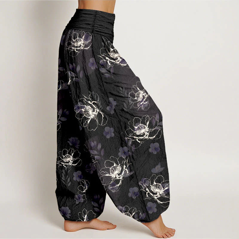Buddha Stones Cotton Exquisite Retro Flower Pattern Women's Elastic Waist Harem Pants