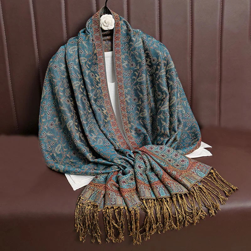Buddha Stones Tibetan Jacquard Paisley Flower Pattern Color Contrast Design Tassel Cozy Scarf Shawl