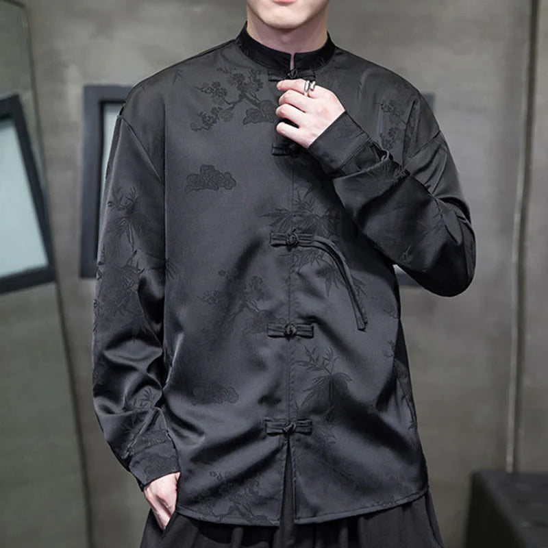 Buddha Stones Plain Frog-Button Design Tang Suit Men's Long Sleeve Jacket