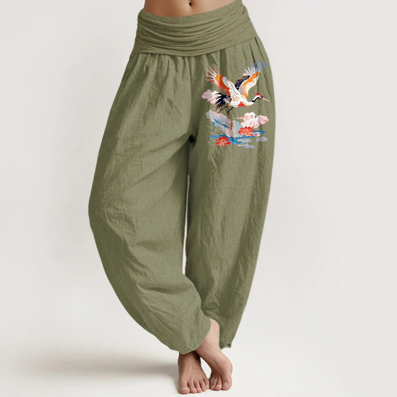Buddha Stones Pure Cotton Colourful Crane Lotus Leaf Flower Cloud Pattern Women's Elastic Waist Harem Pants