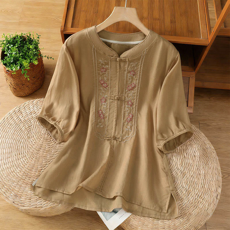 Buddha Stones Frog-button Stand Collar Embroidered Flower Elastic Cuff Three Quarter Sleeve Women's Shirt