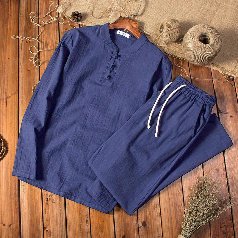 Buddha Stones Pure Color Long Sleeve Top Pants Clothing Men's Set