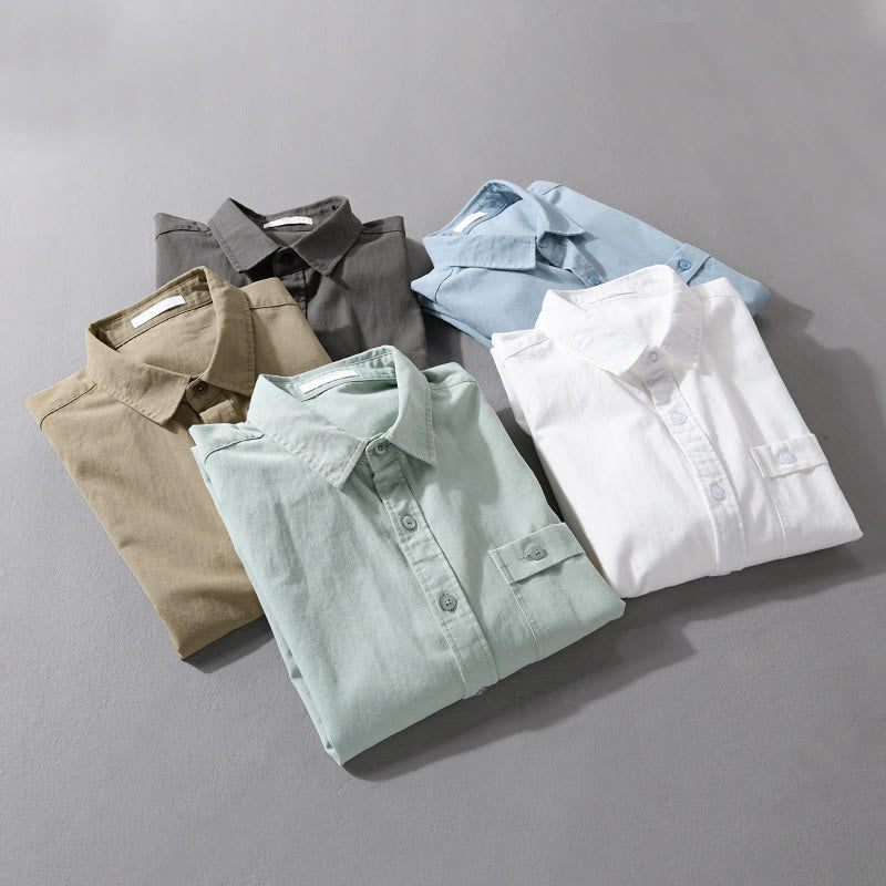 Buddha Stones Casual Solid Buttons Down Decorative Pocket Men's Stand Collar Long Sleeve Cotton Shirt