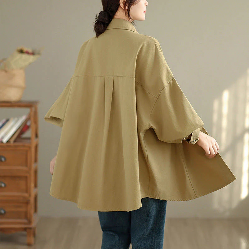 Buddha Stones Fall Pure Color Lapel Button Simple Design Women's Cotton Long Sleeve Jacket