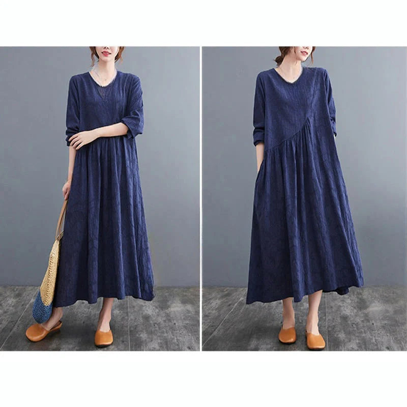 Buddha Stones Smiple Jacquard Pattern Long Sleeve Cotton Linen Women's Midi Dress With Pockets