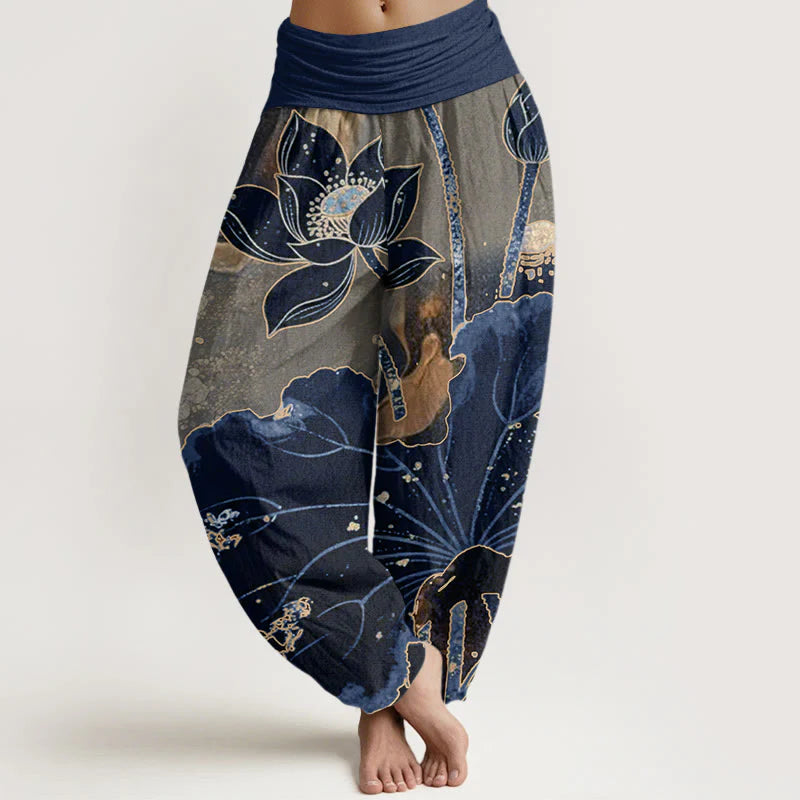 Buddha Stones Cotton Casual Lotus Petal Pattern Women's Elastic Waist Harem Pants