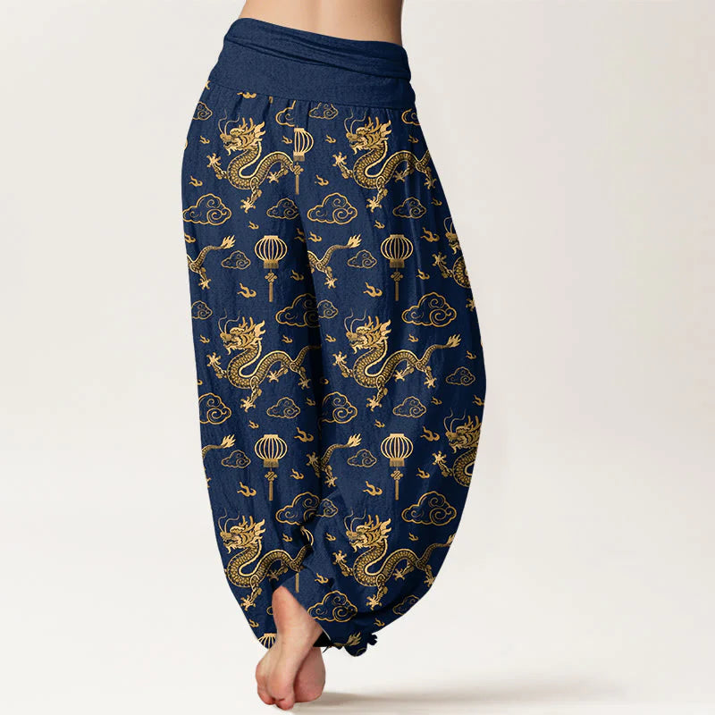 Buddha Stones Print Dragon Auspicious Cloud Lantern Pattern Women's Elastic Waist Harem Cotton Pants