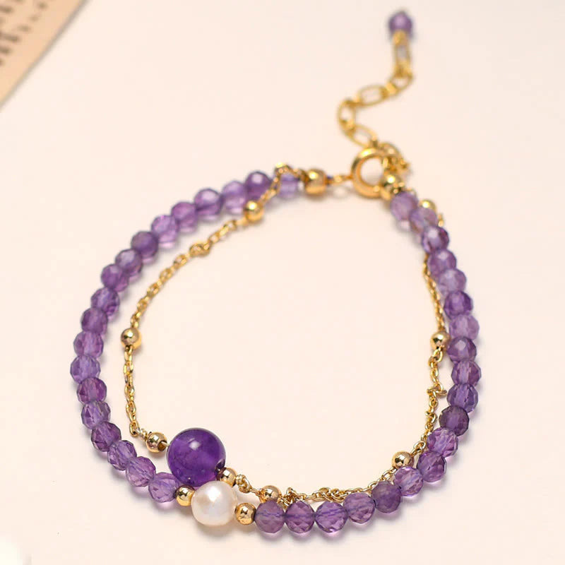 Buddha Stones 14K Gold Plated Amethyst Crystal Healing Double Layer Chain Bracelet