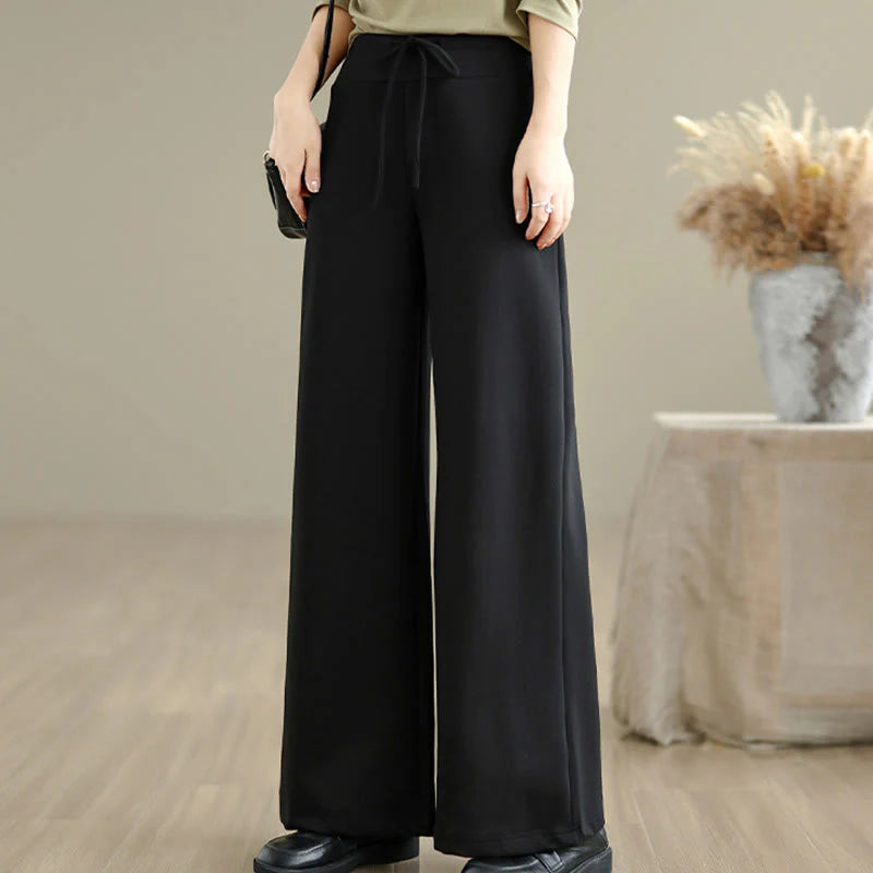 Buddha Stones Plain Drawstring Cotton Polyester Women's Wide Leg Pants With Pockets