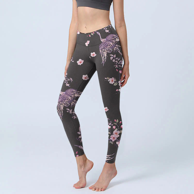 Buddha Stones Pink Flowers Flying Cranes Print Gym Leggings Women's Yoga Pants