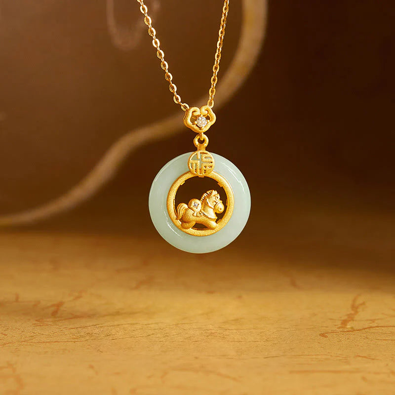 Buddha Stones 925 Sterling Silver Year Of The Horse Hetian Jade Peace Buckle Luck Necklace Pendant