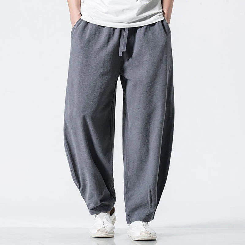 Buddha Stones Drawstring Elastic Waist Ankle-Length Men's Cotton Pants With Pockets
