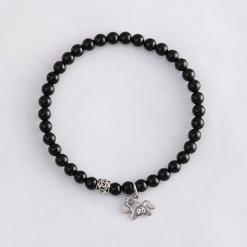Buddha Stones Year Of The Horse 925 Sterling Silver Natural Black Obsidian Strength Bracelet