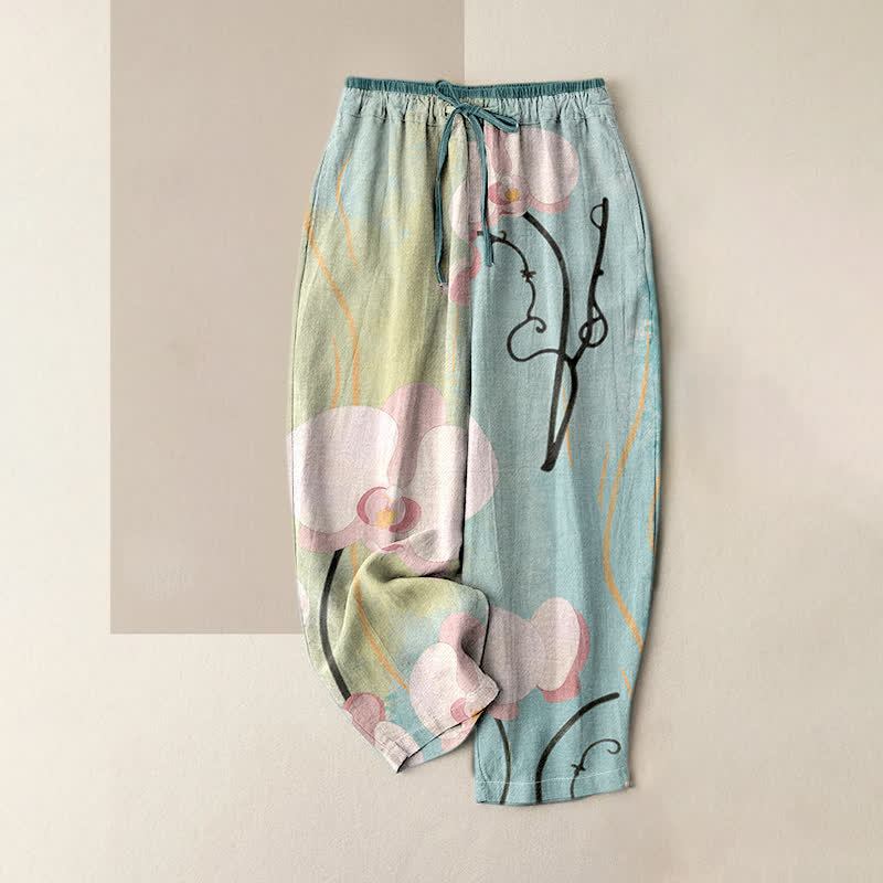 Buddha Stones Cotton Orchid Print Drawstring Women's Elastic Waist Pants With Pockets