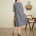 Buddha Stones Plaid Pattern Half Sleeve Cotton Linen Midi Dress With Pockets