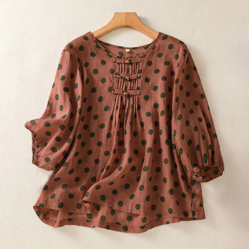 Buddha Stones Fall Round Neck Polka Dots Long Sleeve Women's Polyester Shirt