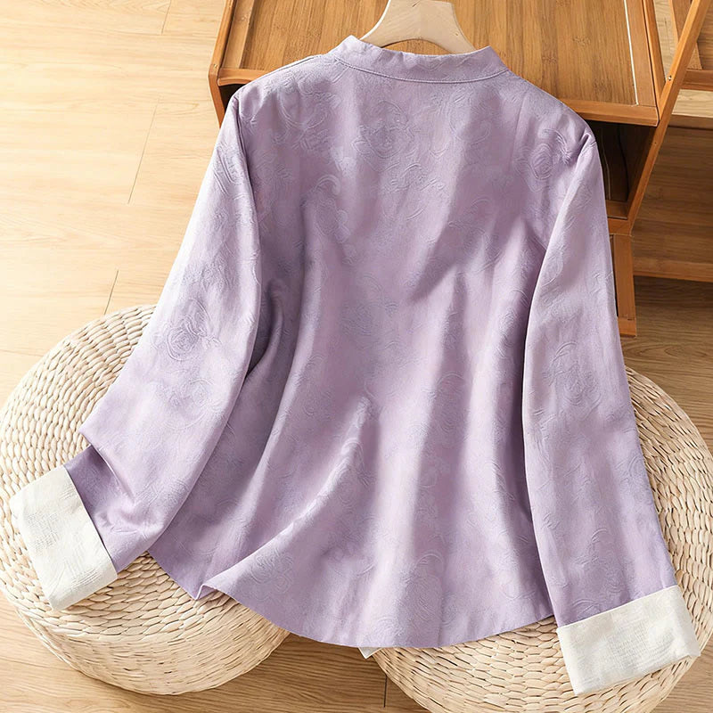Buddha Stones Fall Jacquard Floral Print Frog-Button Stand Collar Long Sleeve Women's Cotton Shirt