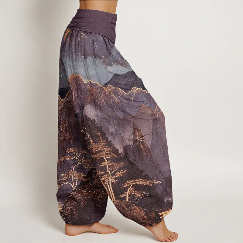 Buddha Stones Cotton Casual Full Moon Mountains Trees River Pattern Women's Elastic Waist Harem Pants