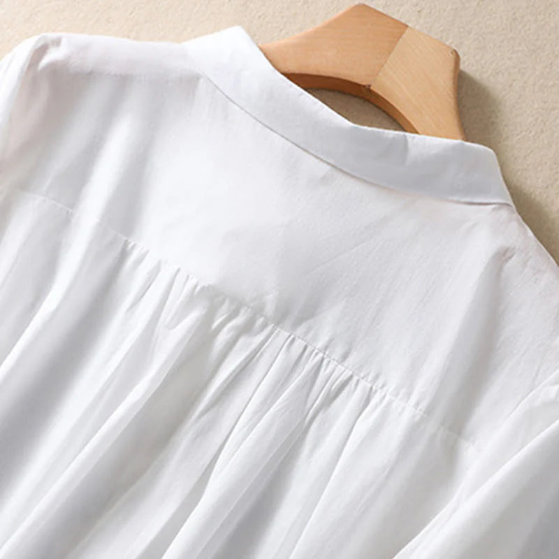 Buddha Stones Summer Plain Button Embroidery Flower Pattern Three Quarter Sleeve Lapel Cotton Linen Women's Shirt