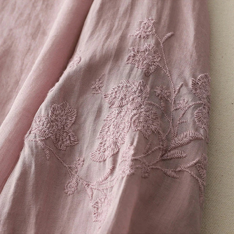 Buddha Stones Embroidery Button-down Women's Cotton Linen Shirt