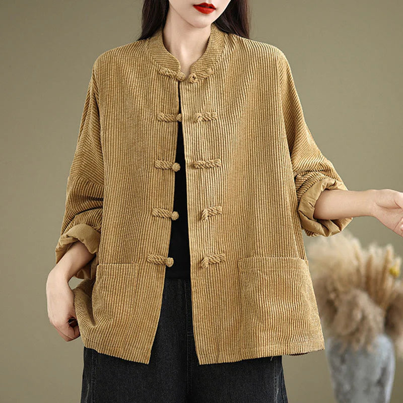 Buddha Stones Frog-button Stand Collar Women's Corduroy Jacket