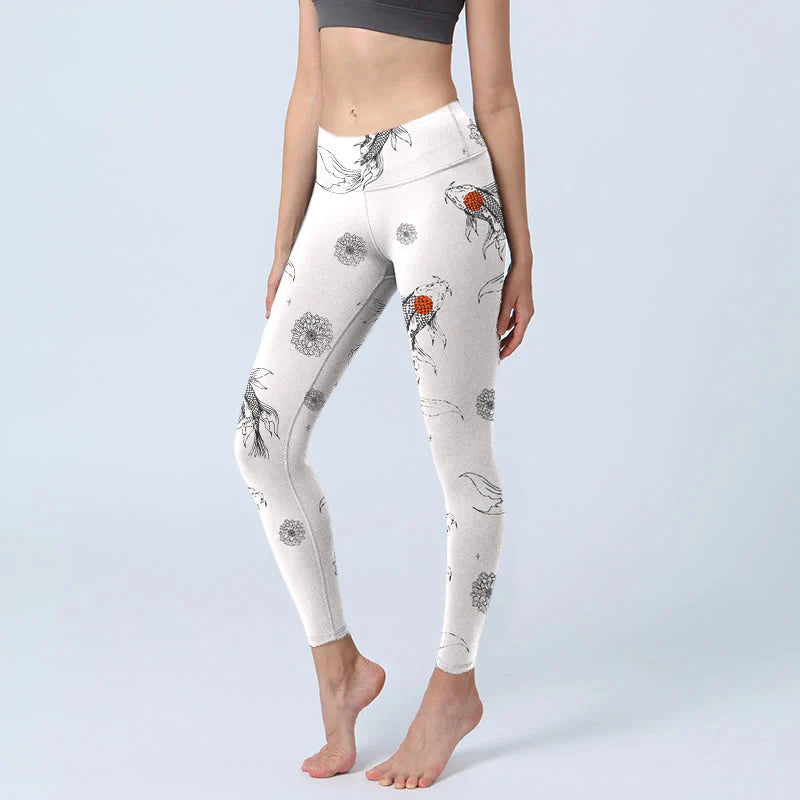 Buddha Stones Koi Fish Chrysanthemum Pattern Print Gym Leggings Women's Yoga Pants