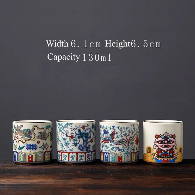 Buddha Stones Vintage Plum Blossom Pine Bamboo Phoenix Kirin Lion Dancing Ceramic Teacup Tea Cups
