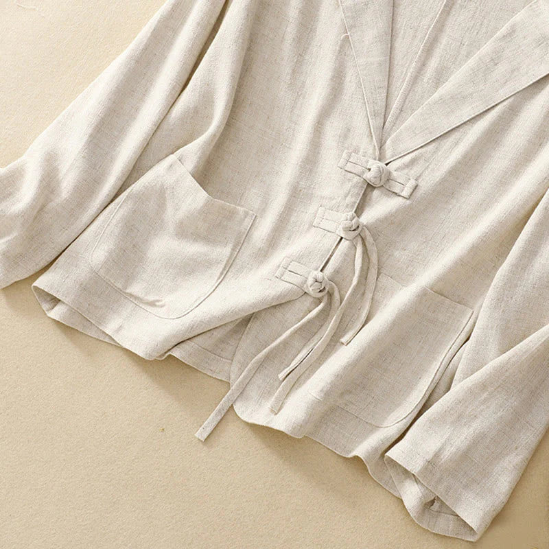 Buddha Stones Women's Cotton Linen Frog-Button Long Sleeve Jacket With Pockets