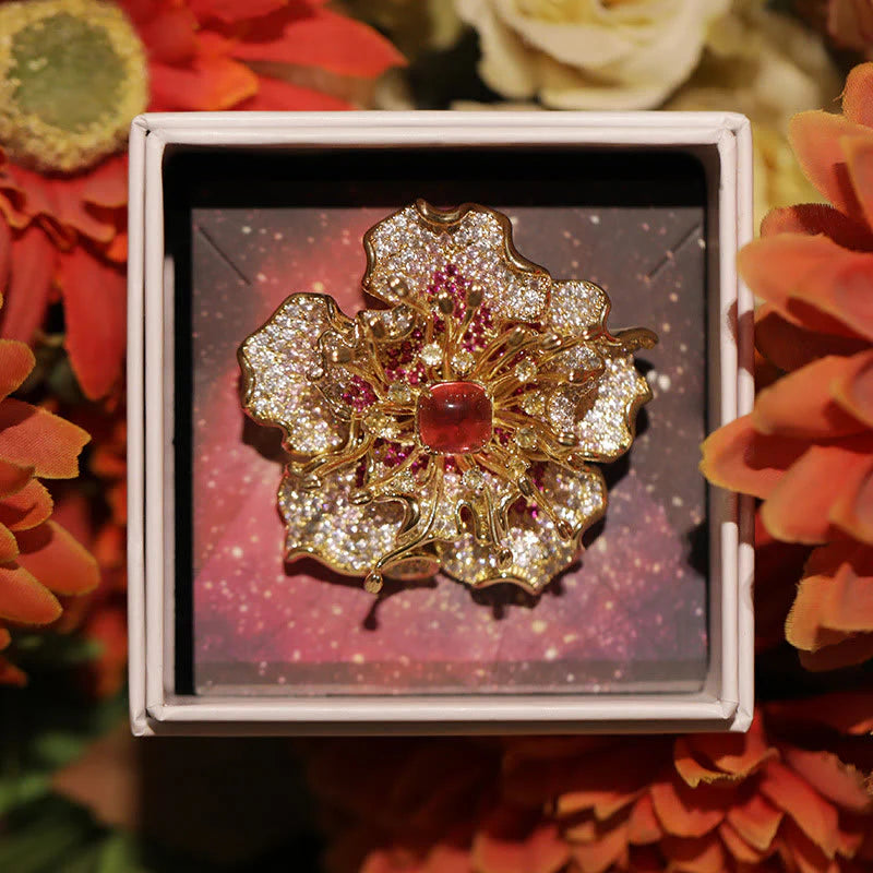 Buddha Stones Peony Flower Prosperity Copper Brooch