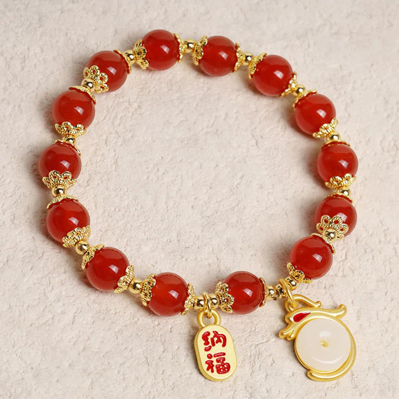 Buddha Stones Year of the Dragon Red Agate Green Aventurine Peace Buckle Fu Character Lucky Fortune Bracelet