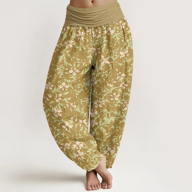 Buddha Stones Pure Cotton Abstract Flowers Leaves Pattern Women's Elastic Waist Harem Pants