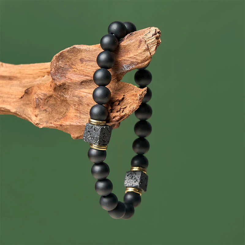 Buddha Stones Natural Frosted Black Onyx Square Lava Rock Fortune Bracelet