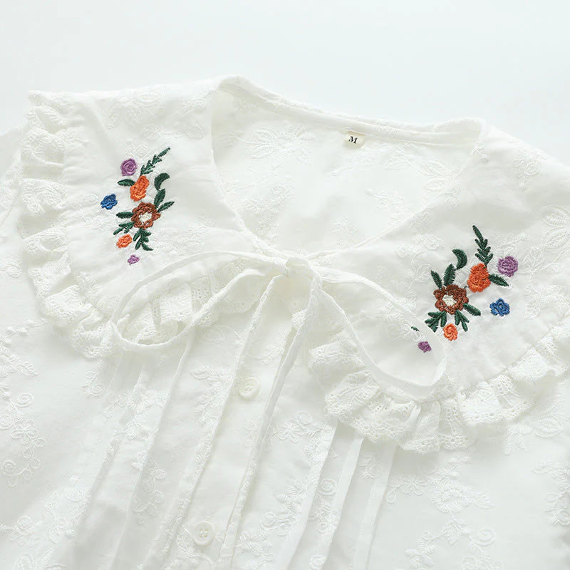 Buddha Stones Fall White Floral Embroidery Peter Pan Collar Buttons Women's Cotton Long Sleeve Shirt