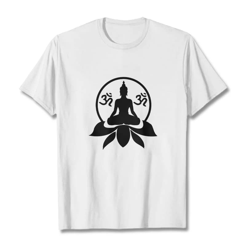 Buddha Stones OM Symbol Sanskrit Mantras Buddha Seated On Lotus Flower Design Tee T-shirt
