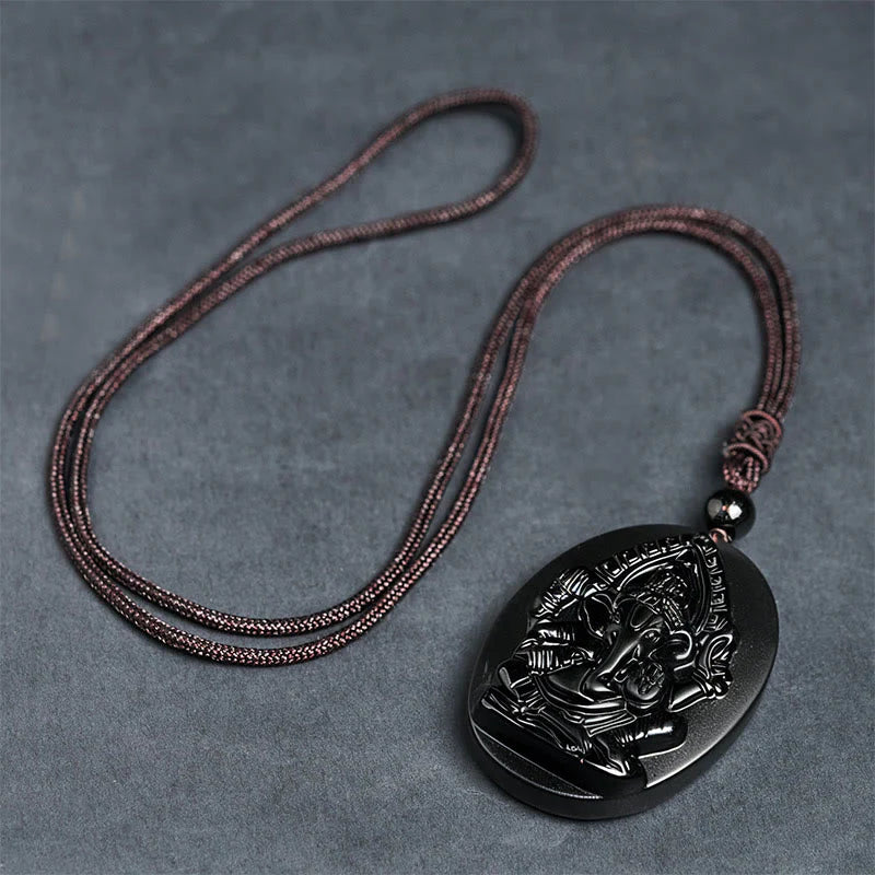 Buddha Stones Ganesh Elephant Relief Design Natural Black Obsidian Strength Necklace Pendant