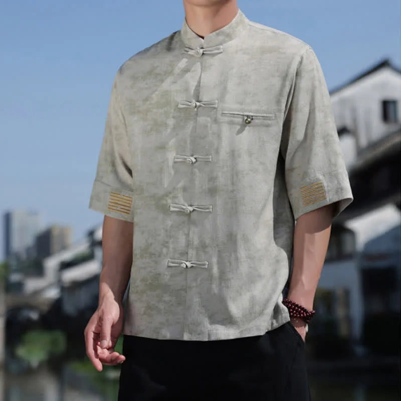 Buddha Stones Frog-Button Mottled Pattern Embroidery Short Sleeve Tang Suit Men's Linen Shirt