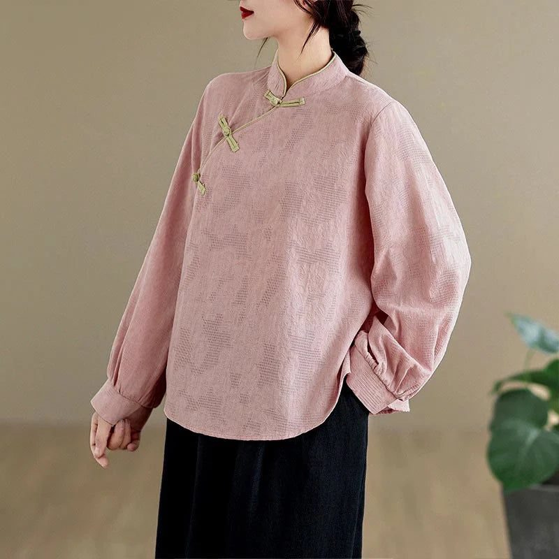 Buddha Stones Spring Traditional Floral Frog-Button Stand Collar Long Sleeve Women's Cotton Shirt
