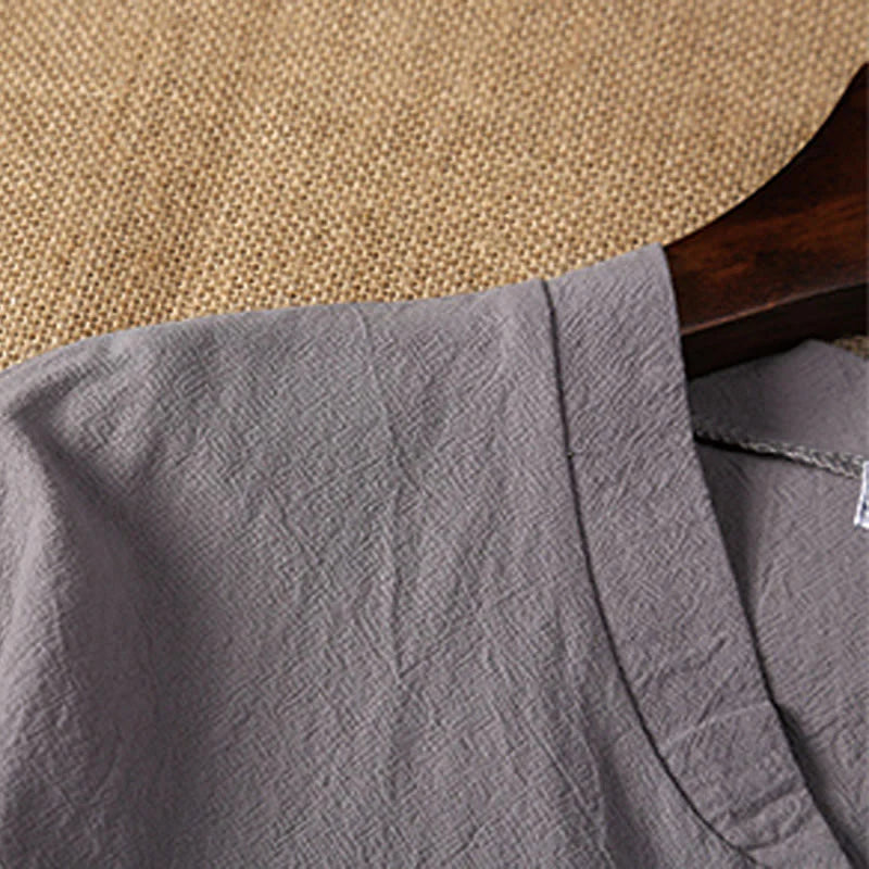 Buddha Stones 2Pcs Plain Notched Collar Short Sleeve T-Shirt Shorts With Pockets Cotton Linen Men's Meditation Cloth Set