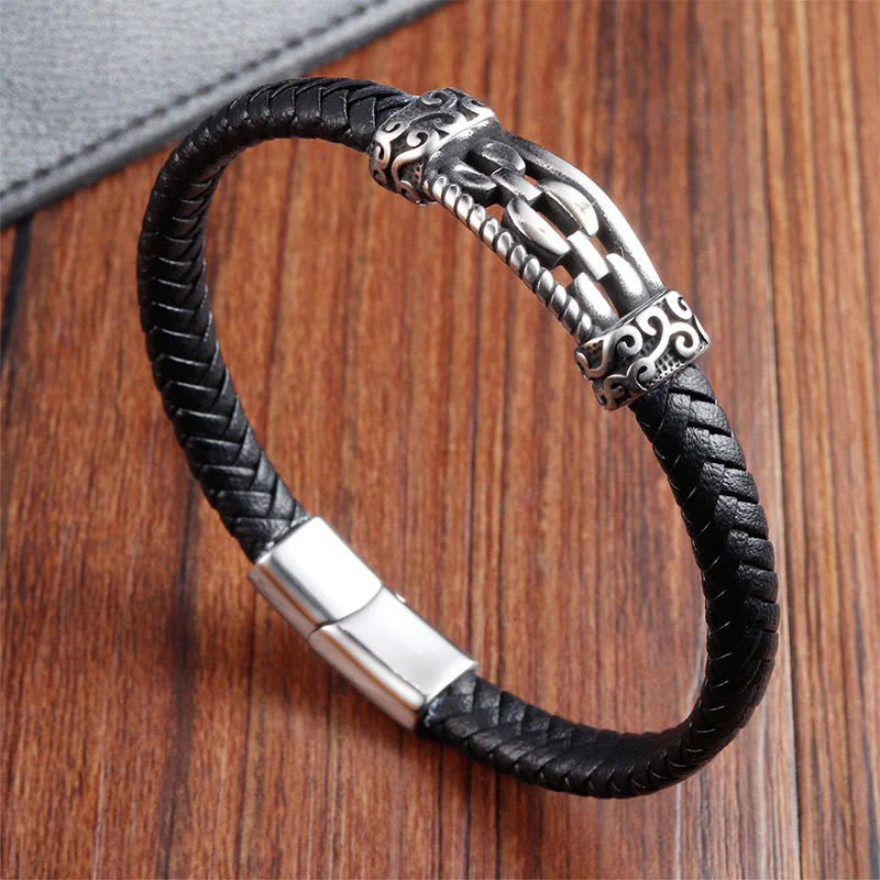 Buddha Stones Chain Link Design Titanium Steel Multi-layer Leather Balance Braided Bracelet