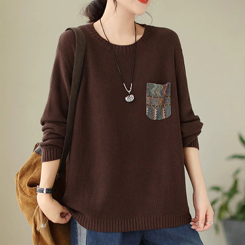 Buddha Stones Fall Floral Decorative Pocket Pattern Knitted Cotton Women's Long Sleeve Sweater