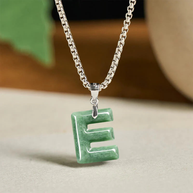 Buddha Stones Natural A-Z Letter Jade Titanium Steel Wide Chain Prosperity Necklace Pendant
