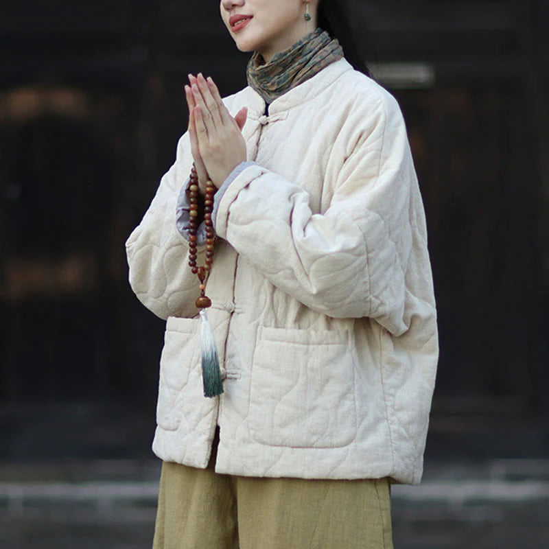 Buddha Stones Winter Curved Lines Frog-Button Ramie Cotton Long Sleeve Women's Thermal Jacket With Pockets