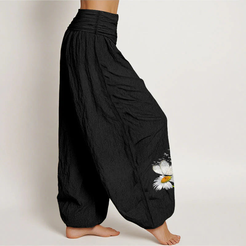 Buddha Stones Pure Cotton Elegant Daisy Butterfly Dragonfly Pattern Women's Elastic Waist Harem Pants
