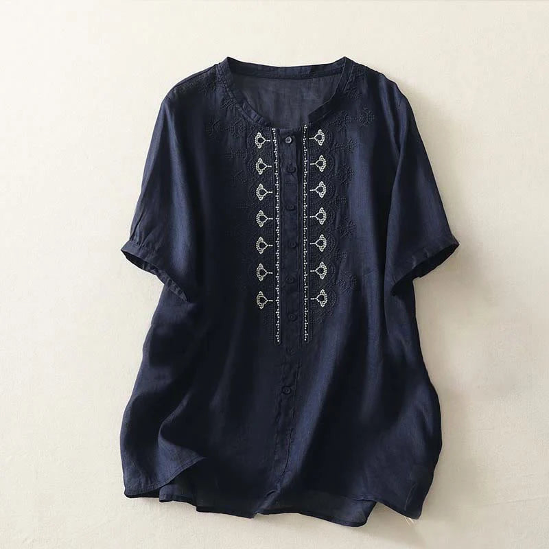Buddha Stones Summer Floral Pattern Crew Neck Short Sleeve Women's Polyester Shirt