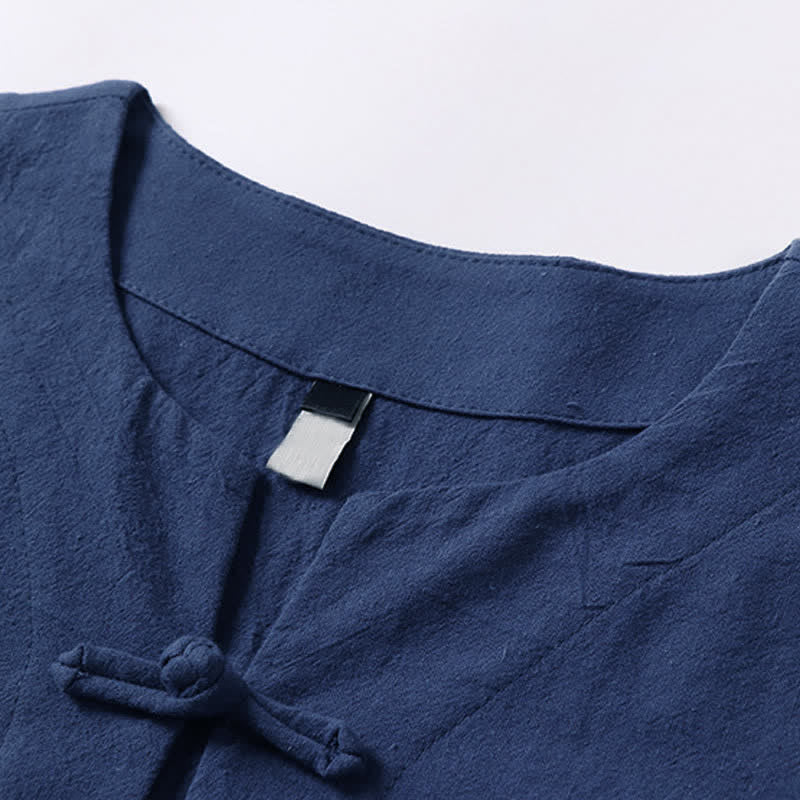 Buddha Stones Solid Color Frog-Button Short Sleeve Notched Collar Men's Cotton Linen T-Shirt