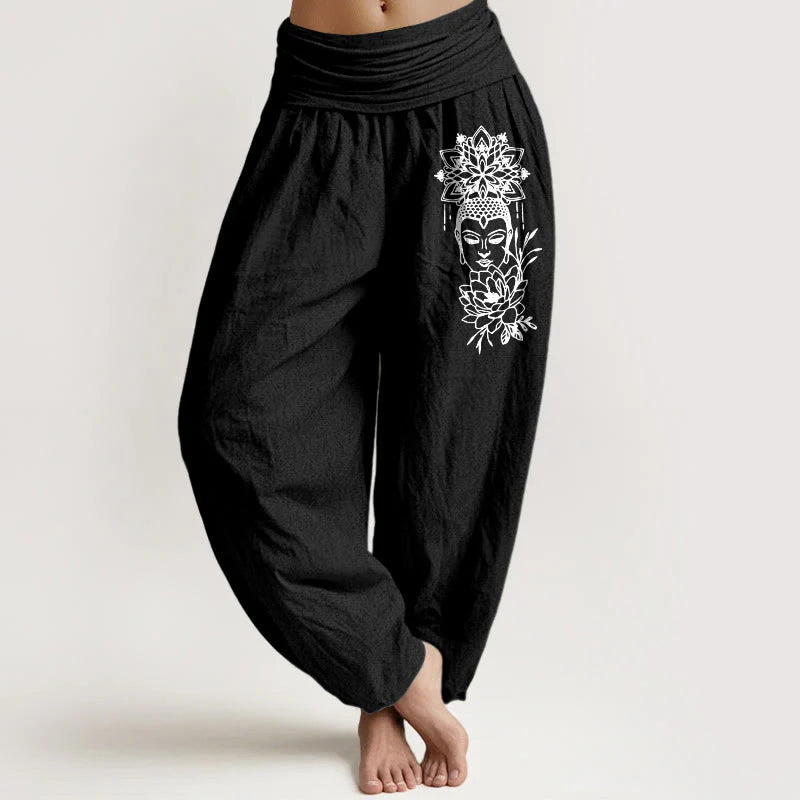 Buddha Stones Pure Cotton Simple Buddha Image Lotus Pattern Women's Elastic Waist Harem Pants
