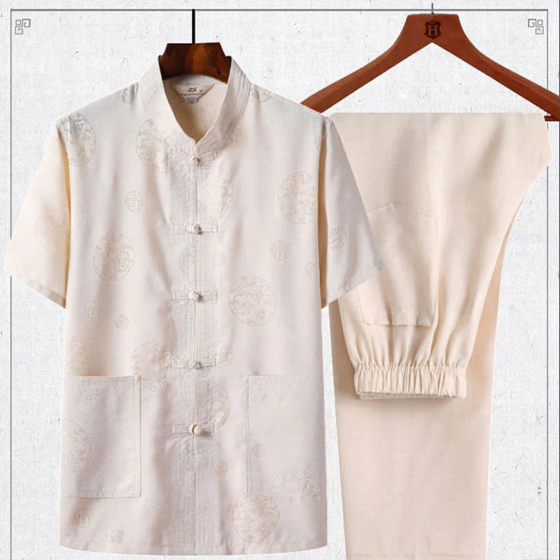 Buddha Stones 2Pcs Frog-Button Fu Character Dragon Bamboo Leaf Short Sleeve Shirt Pants Men's Set